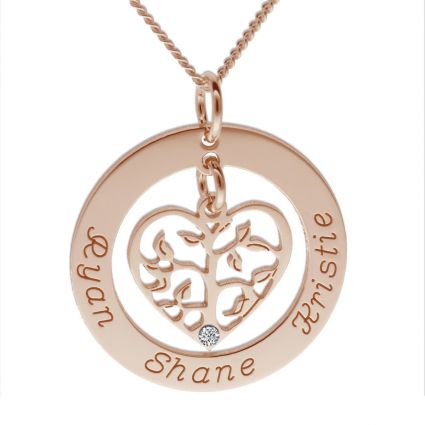 9ct Rose Gold Plated Filigree Heart Tree of Life Family Necklace With Swarovski Crystal Or Real Diamond