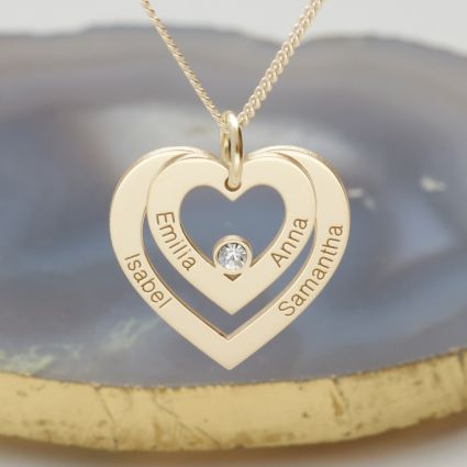 9ct Yellow Gold Plated Double Heart Personalised Necklace With Diamond