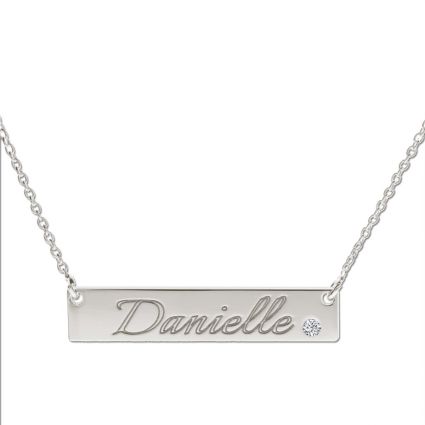 9ct White Gold Name Bar Tag Pendant With Crystal Or Real Diamond