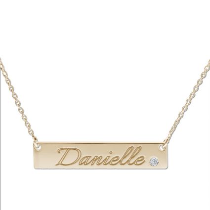 9ct Yellow Gold Plated Name Bar Tag Pendant With Crystal Or Real Diamond