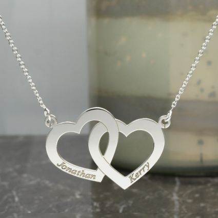 Sterling Silver Engraved Horizontal Double Heart Pendant With Chain