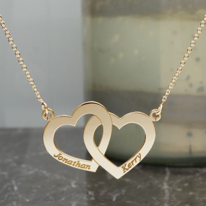9ct Solid Yellow Gold Engraved Horizontal Double Heart Necklace