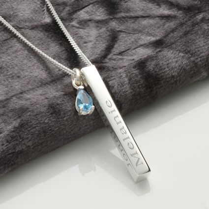 Personalised Sterling Silver 3D Bar & Teardrop Birthstone Necklace