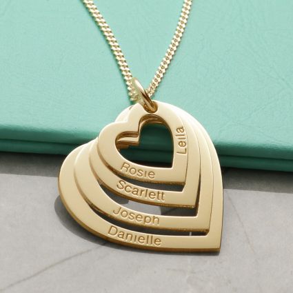 9ct Yellow Gold Plated Four Heart Personalised Family Necklace