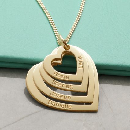 9ct Yellow Gold Four Heart Personalised Family Necklace