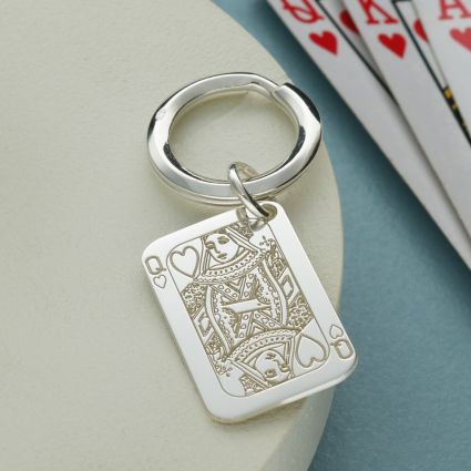 Sterling Silver Queen Of Hearts Playing Card Keyring With Optional Engraving