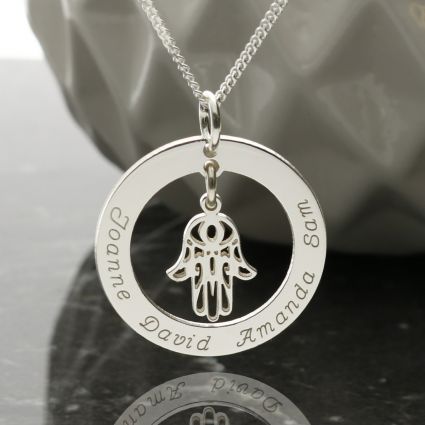 Sterling Silver Personalised Disc With Hanging Hamsa Hand Of Fatima Pendant Necklace