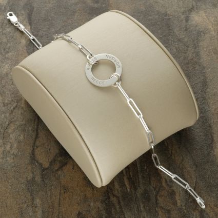 Sterling Silver Paper Clip Link Bracelet With Engraved Ring
