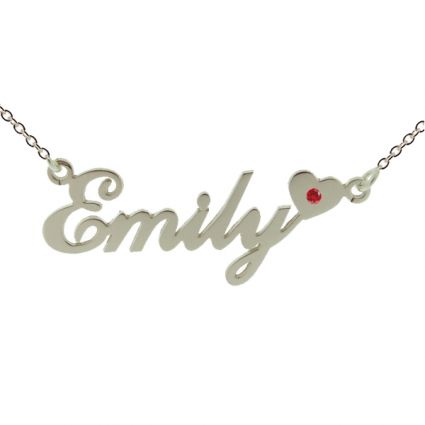 9ct White Gold Carrie Style (Sex & The City) Personalised Name Necklace With Heart & Birthstone