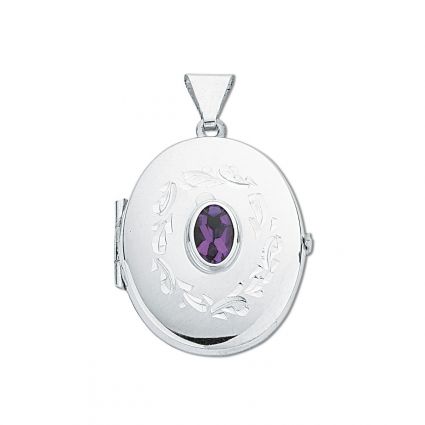 Sterling Silver Oval Locket With Amethyst & Optional Engraving 