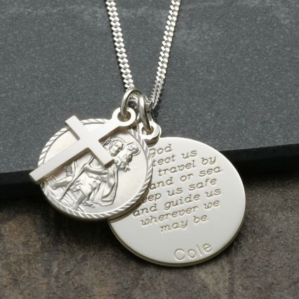 Sterling Silver Personalised St Christopher With Travellers Prayer Disc, Cross & Optional Engraving