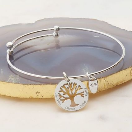 Sterling Silver Bangle Bracelet with Engraved Tree Of Life Charm
