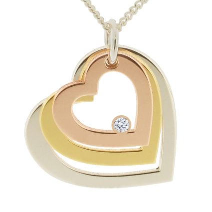 Three Colour Triple Heart Family Pendant With Diamond