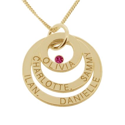 9ct Solid Yellow Gold Engraved Triple Disc Personalised Family Necklace With Ruby & Optional Chain