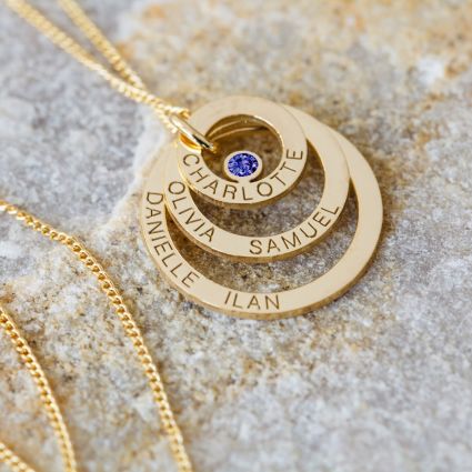 9ct Solid Yellow Gold Engraved Triple Disc Personalised Family Necklace With Sapphire