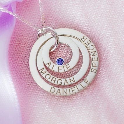 Sterling Silver Engraved Triple Disc Personalised Family Necklace With Sapphire