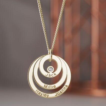 9ct Yellow Gold Triple Disc Personalised Family Necklace With Diamond or Crystal