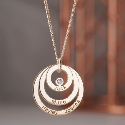 9ct Rose Gold Triple Disc Personalised Family Necklace With Diamond or Crystal
