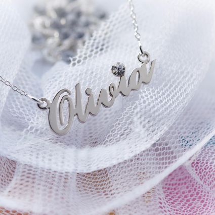 9ct White Gold Carrie Style Personalised Name Necklace With Crystal