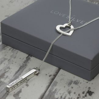 Sterling Silver  Engraved Heart & 3D Name Bar Slip Through Necklace