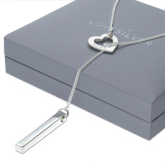 Sterling Silver Engraved Heart & 3D Name Bar Slip Through Necklace With Crystal Or Real Diamond