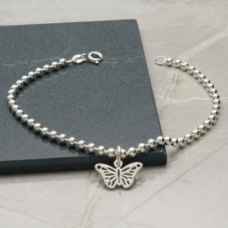Sterling Silver Bead Ball Anklet With Butterfly Charm 