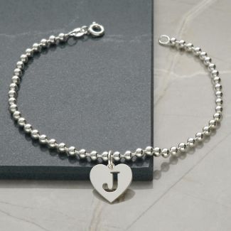 Sterling Silver Bead Ball Anklet With Initial Heart Charm