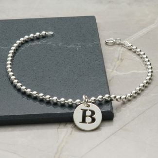 Sterling Silver Bead Ball Anklet With Initial Disc Charm