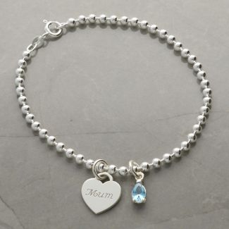 Sterling Silver Bead Ball Bracelet or Anklet with Engraved Heart and Birthstone