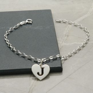 Sterling Silver Belcher Anklet With Initial Heart Charm 