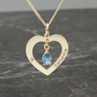 9ct Yellow Gold Plated Personalised Heart And Teardrop Birthstone Necklace