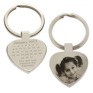 Mirror Polished Special Date Calendar & Photo Engraved Heart Keychain