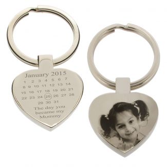 Mirror Polished Special Date Calendar & Photo Engraved Heart Keyring
