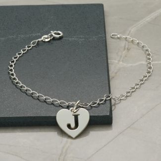 Sterling Silver Curb Anklet With Initial Heart Charm 
