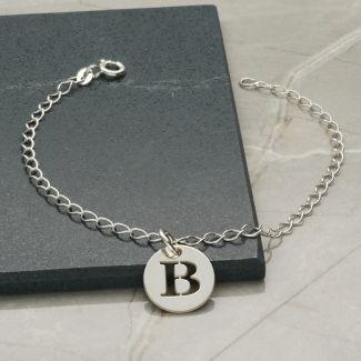Sterling Silver Curb link Anklet With silver cut out Initial Disc Charm