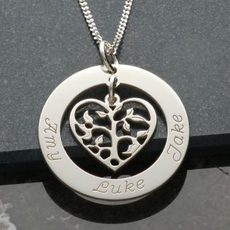9ct White Gold Filigree Heart Tree of Life Family Necklace