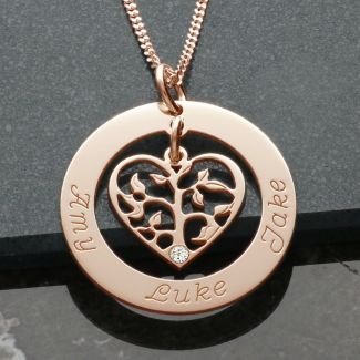 9ct Rose Gold Plated Filigree Heart Tree of Life Family Necklace With Crystal Or Real Diamond