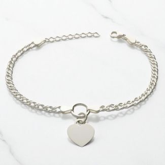 Sterling Silver Ladies Heart on Fancy Double Curb Chain Bracelet With Optional Engraving