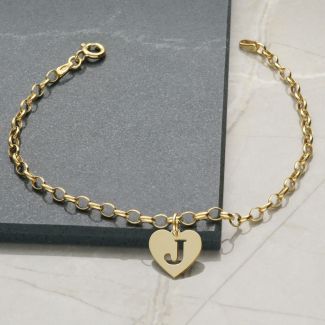 9ct Yellow Gold Plated Bracelet With Heart Initial Charm And Chain Style Choice