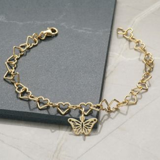 9ct Yellow Gold Plated Light Heart Charm Anklet With Butterfly Charm 