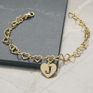 9ct Yellow Gold Plated Light Heart Charm Anklet With Initial Heart Charm On Foot