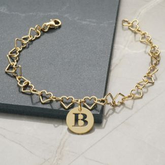 9ct Yellow Gold Plated Light Heart Charm Anklet With Initial Disc Charm