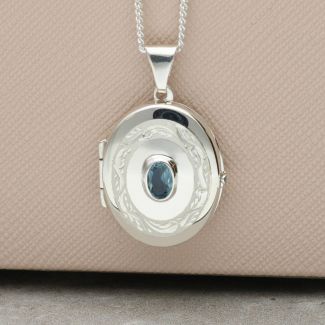 Sterling Silver Oval Locket With Blue Topaz & Optional Engraving 