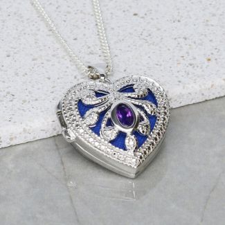 Sterling Silver Heart Locket Set With CZ & Amethyst With Optional Engraving