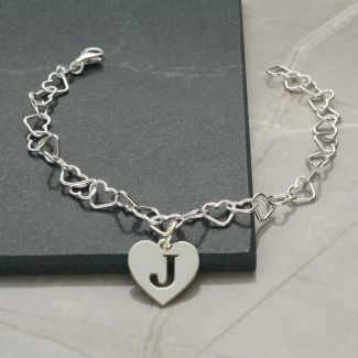 Sterling Silver Light Heart Charm Anklet With Initial Heart Charm 
