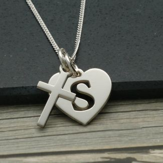 Sterling Silver Initial Heart and Cross Pendants