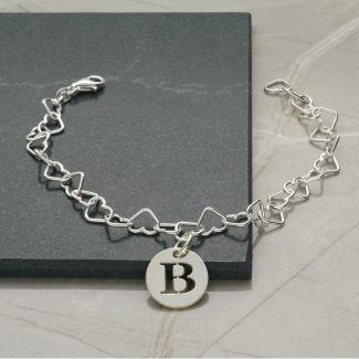 Sterling Silver Light Heart Charm Anklet With Initial Disc Charm