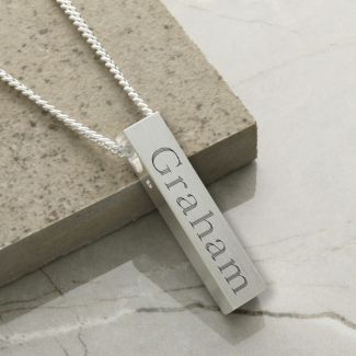 Mens Silver Heavy 3D Engraved Bar Pendant Necklace