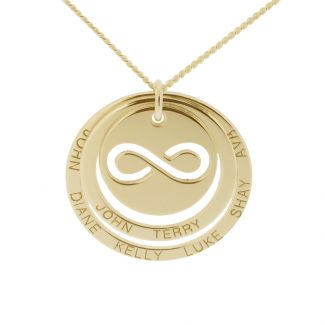 Solid Yellow Gold Engraved Two Disc Cut Out Infinity Pendant Necklace