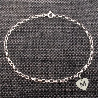 Sterling Silver Belcher Anklet With Initial Heart Charm 